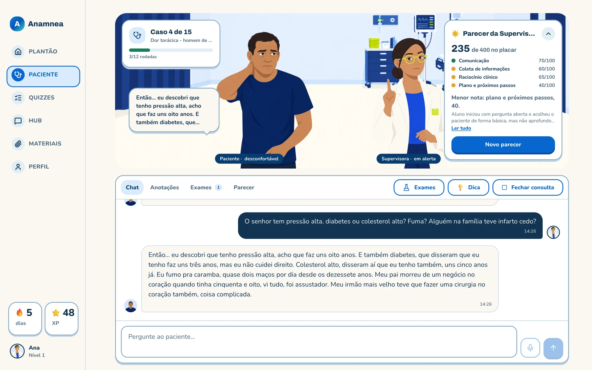 Consulta na Anamnea: paciente simulado e chat